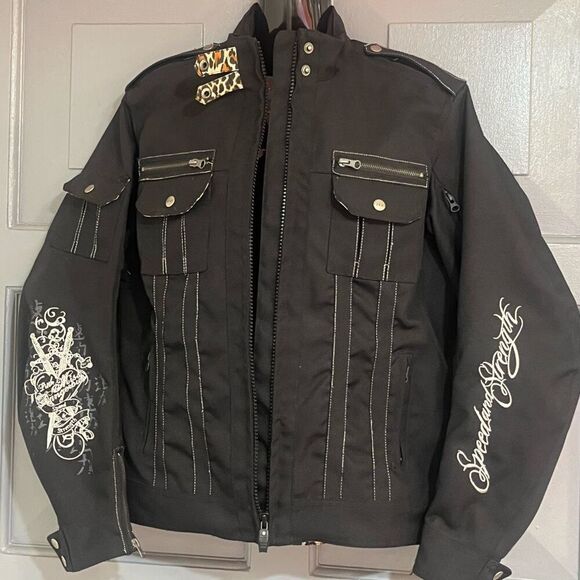 Speed and Strength Woman’s Black Leopard Lined Motorcycle Jacket Embroidered No - Picture 2 of 11